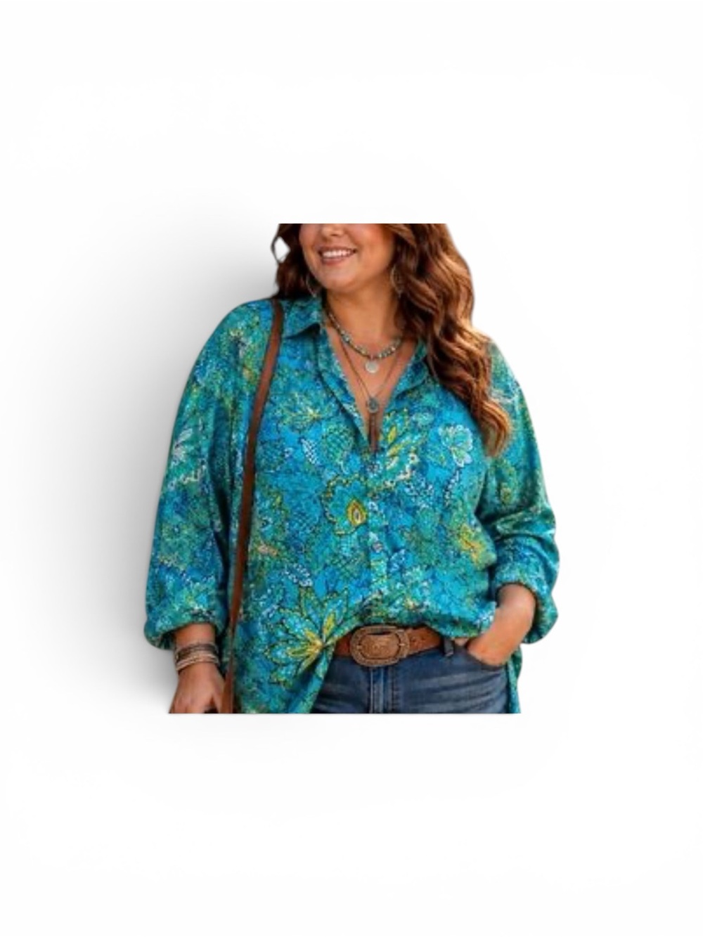 Lands' End Turquoise Floral Button-Front Blouse Size 12 - Picture 1 of 11